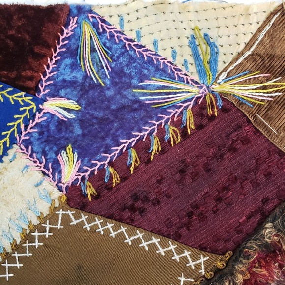 Antique Crazy Quilt 11" Square Block Flannel Backing Velvet Satin Embroidery - Picture 5 of 13